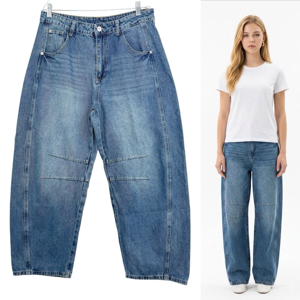 Women’s Blue Denim Barrel Leg Jeans Size 12 High Rise Wide Leg Trendy